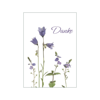 Kleine Karte mit violetten Glockenblumen und Aufschrift 